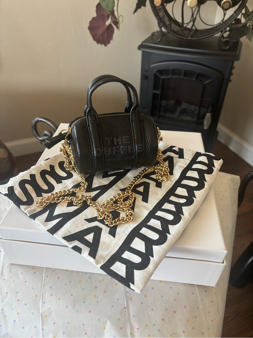 Marc Jacobs Black Leather Mini Barrel Bag with Gold Chain Strap